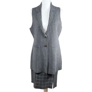 Etcetera Women’s Medium Grey Pinstriped Wool Blend Office 2 Piece Skirt Suit